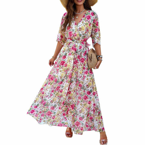 Women's spring/summer elegance printed waist dress-5
