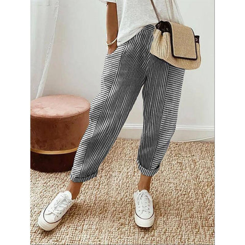 Women's Striped Print Trousers Summer Fashion Casual Loose-Black-2