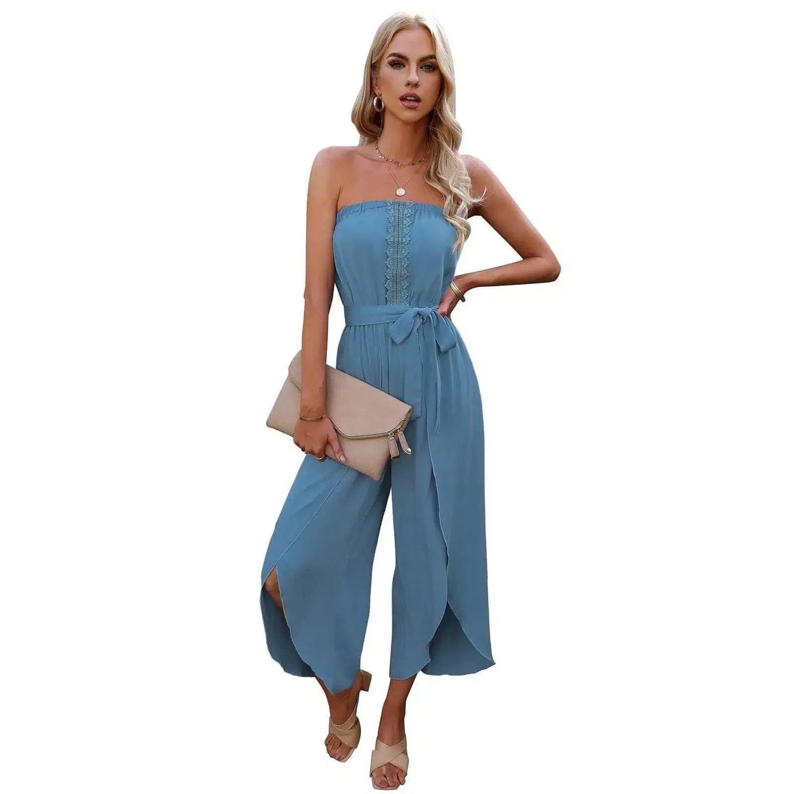 Women's Summer Ninth Loose Jumpsuit Wide Leg Pants-Blue-2