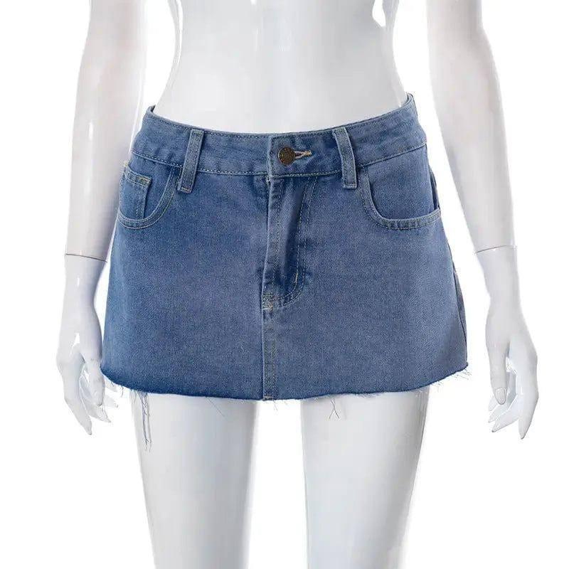 Women's Summer Solid Color Buttons Zipper Pocket Short Denim-Blue-3