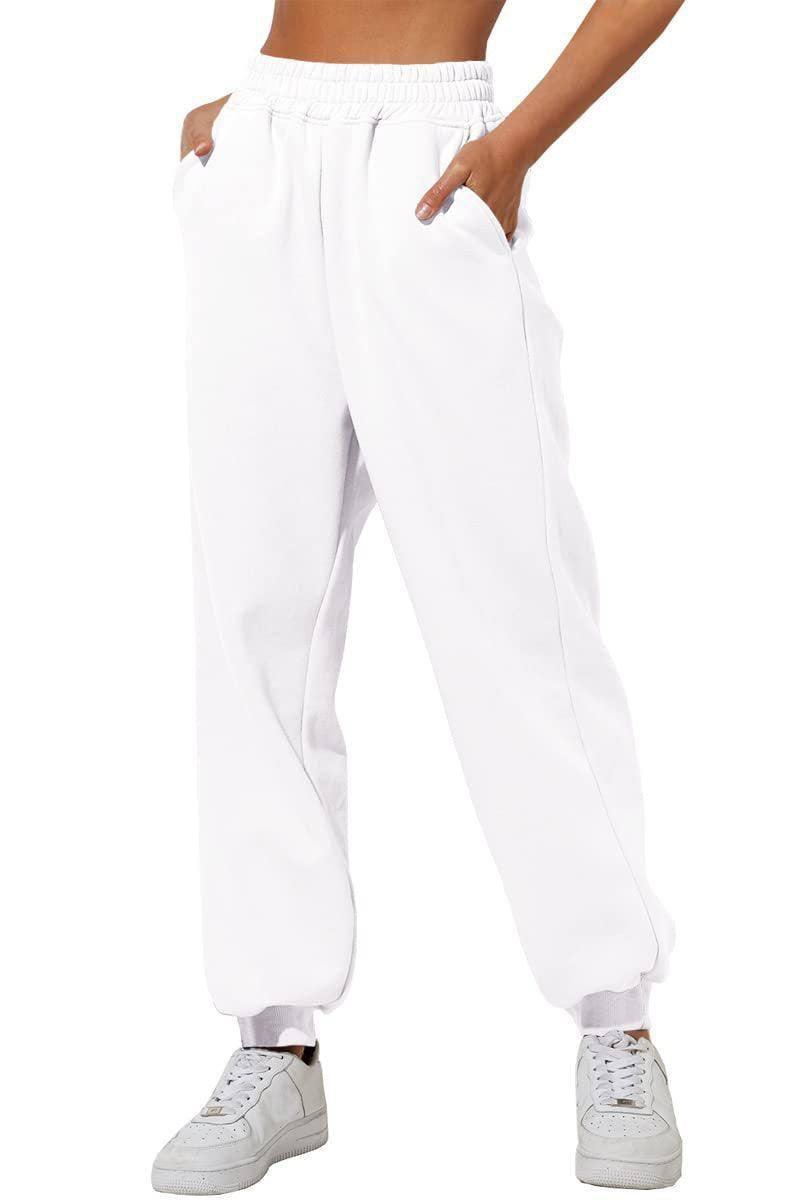 Women's Trousers With Pockets High Waist Loose Jogging-White-3