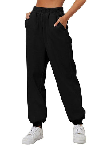 Women's Trousers With Pockets High Waist Loose Jogging-Black-4