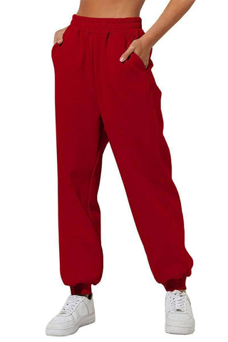 Women's Trousers With Pockets High Waist Loose Jogging-Red-5