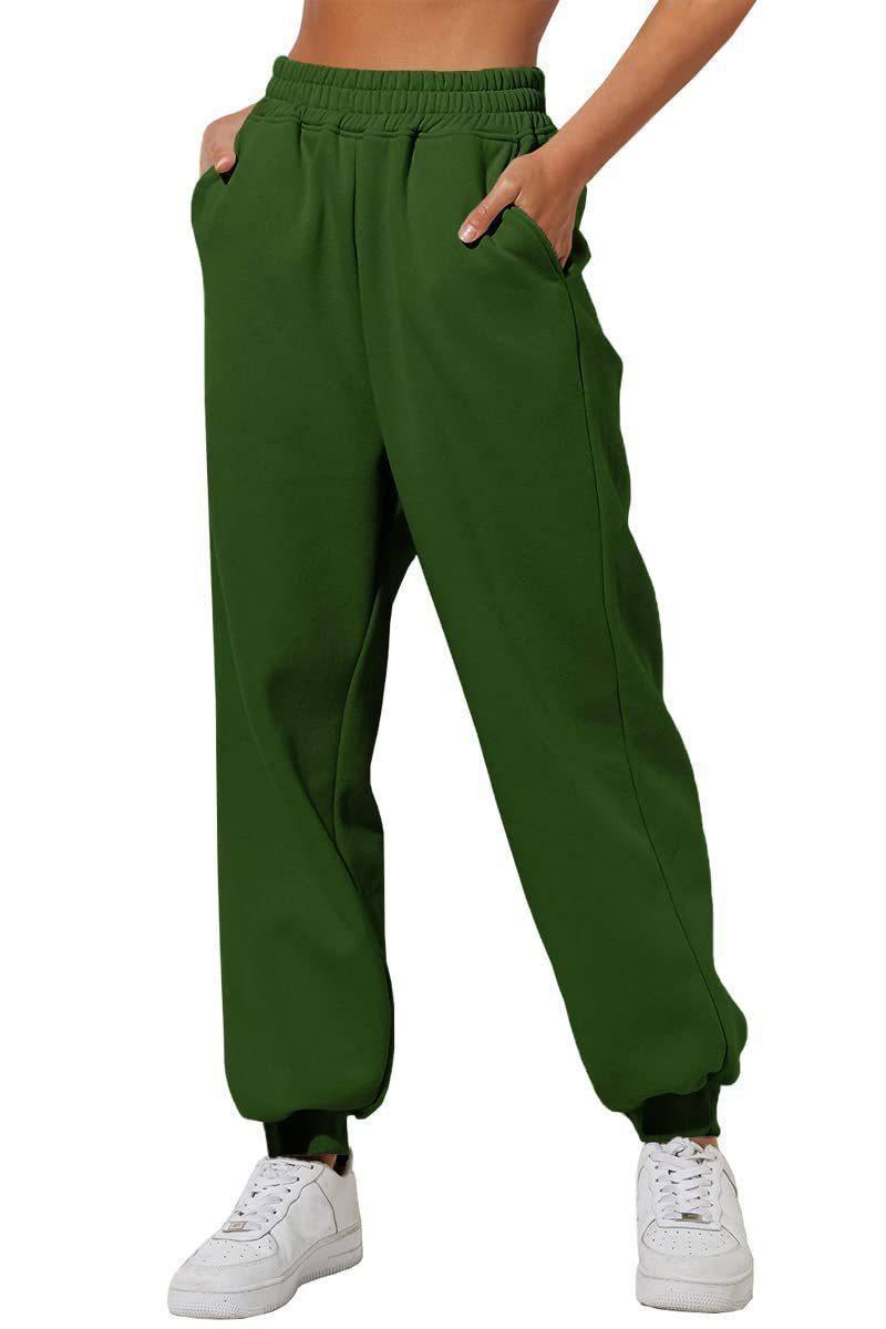 Women's Trousers With Pockets High Waist Loose Jogging-Dark Green-8