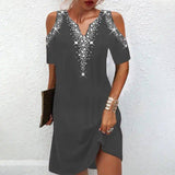 Women's V-Neck Off Shoulder Printed Short Sleeve Dress-Grey-2