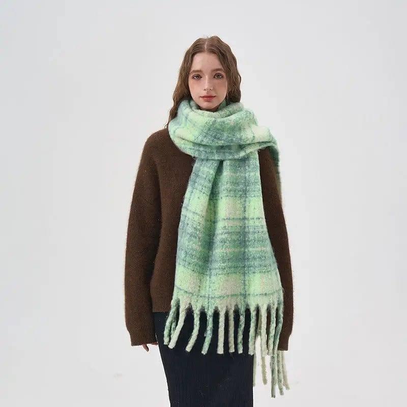 Women's White And Green Plaid Scarf-Thick Green Plaid-3