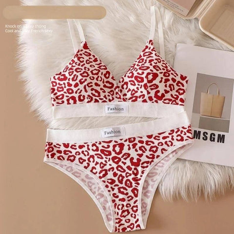 Women Seamless Bra Set Leopard V-neck Brassieres and Low-red leopard-11