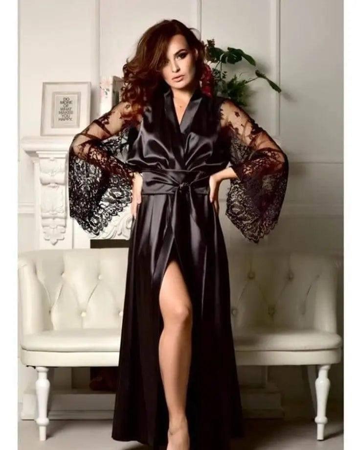 Women Sexy Lingerie Ladies Nightgown Long Pajamas Dress-Black-2