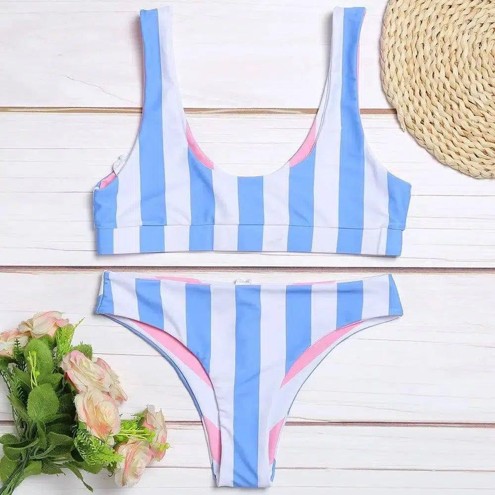 Women Sexy Swimsuit Scoop Neck Backless Stripe Female Bikini-S-3