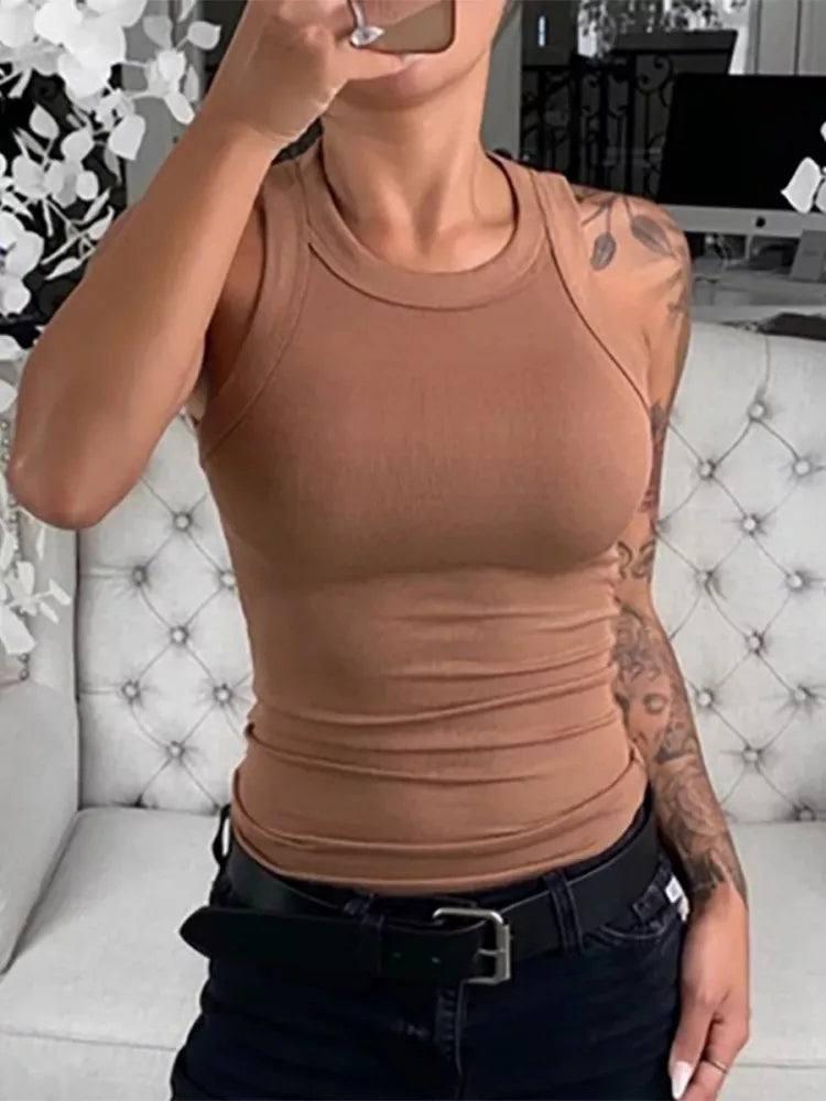 Women Solid Round Neck Ribbed Tank Top Camisole Women Summer-Brown-10