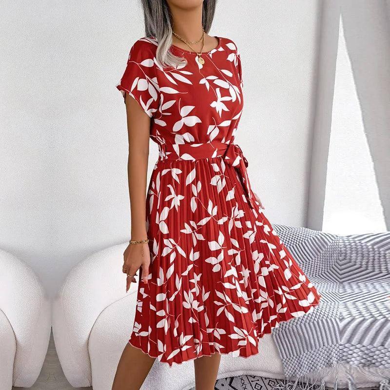 Women Spring Summer Short Sleeve High Waist Chic Dress-CORAL RED-8