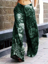 Women Stylish Skulls Printed Wide Leg PanT With Pockets-Green-2