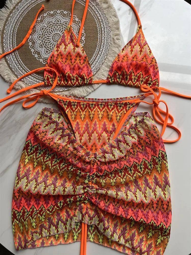 Women Swimsuit Colored Maple Leaves Knitted Bikini Skirt-3-1