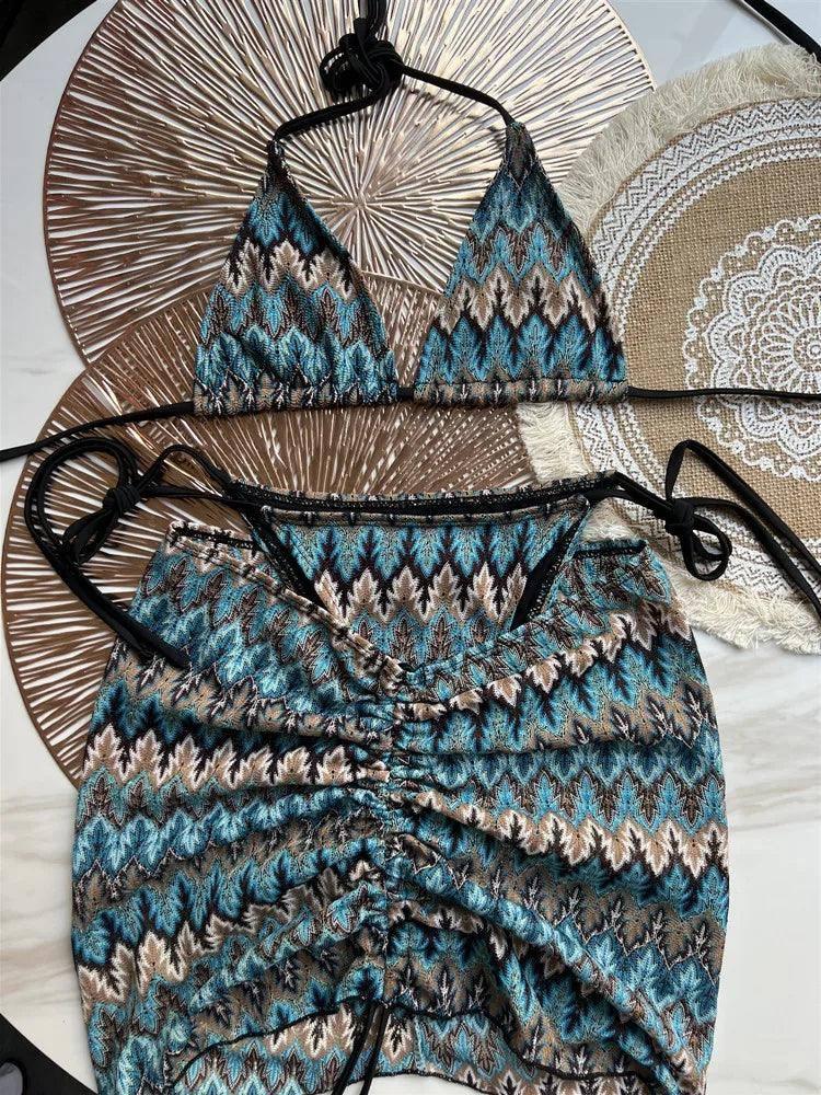 Women Swimsuit Colored Maple Leaves Knitted Bikini Skirt-4-4