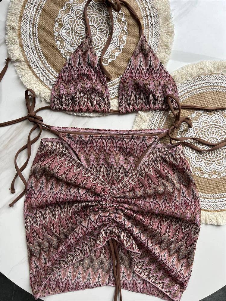 Women Swimsuit Colored Maple Leaves Knitted Bikini Skirt-1-6