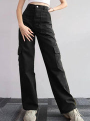 Women Vintage Cargo Pants Streetwear Techwear Korean-Black-3