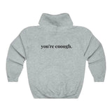 You're Enough Printed Back Casual Hooded Pocket Sweater-Grey black lettering-8