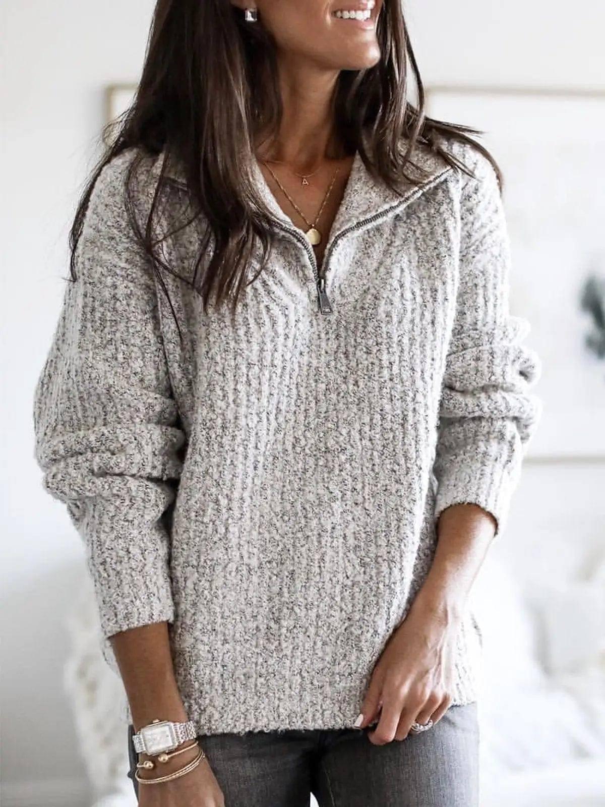 Zip pullover long sleeve sweater sweater coat-Grey-2