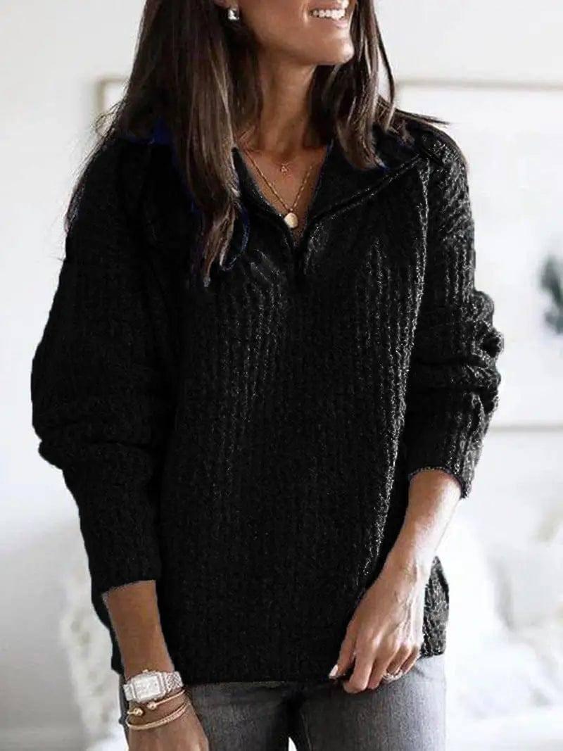 Zip pullover long sleeve sweater sweater coat-Black-4