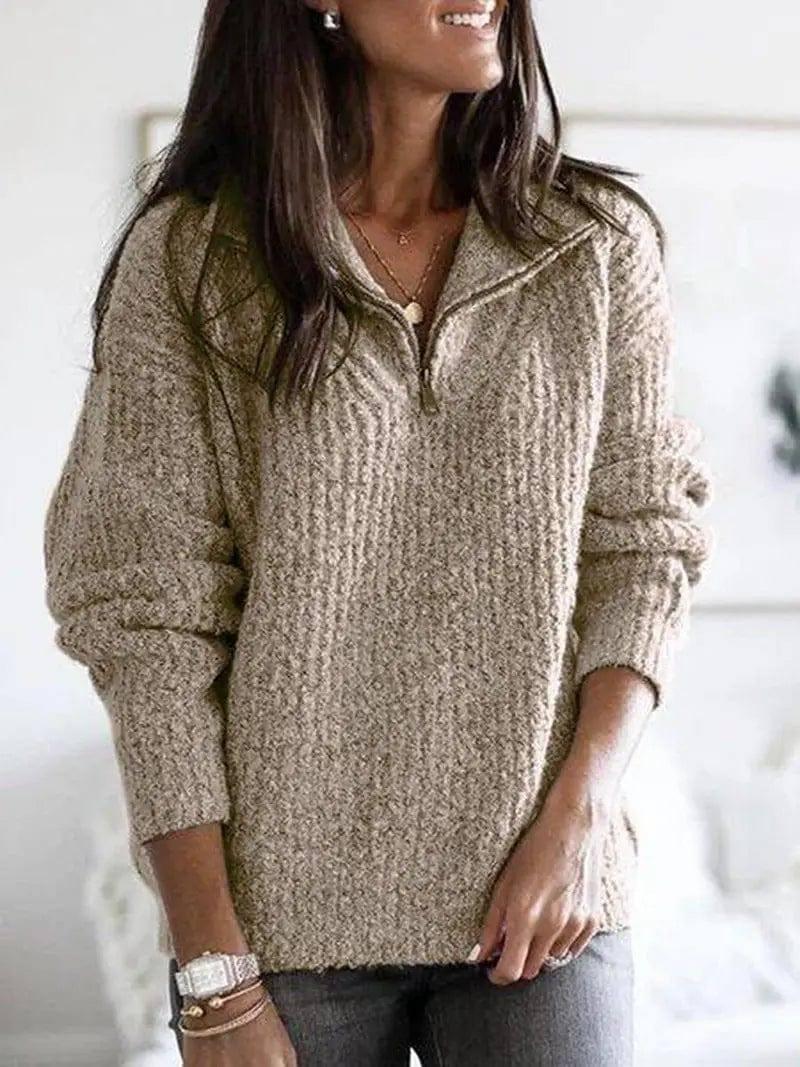 Zip pullover long sleeve sweater sweater coat-Khaki-5