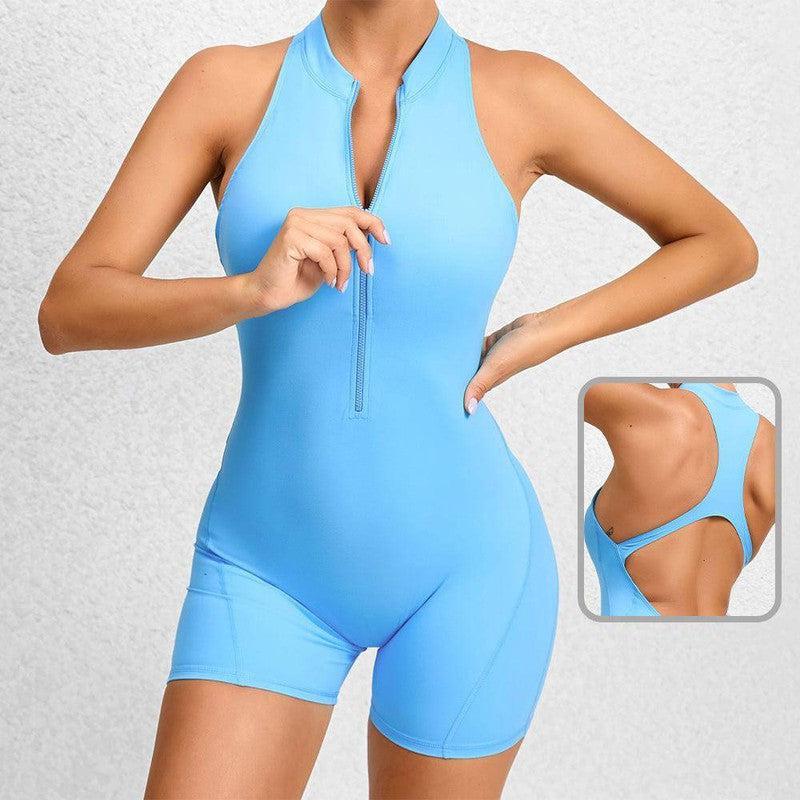 Zippered Yoga Fitness Shorts Jumpsuit Sleeveless Tummy Control Stretch Shapewear Butt Lifting Sportswear Women-1