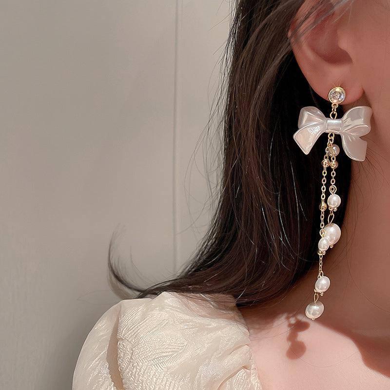 Zircon Pearl Bowknot Tassel Earrings Super Fairy Lady-Silver needle gold-1