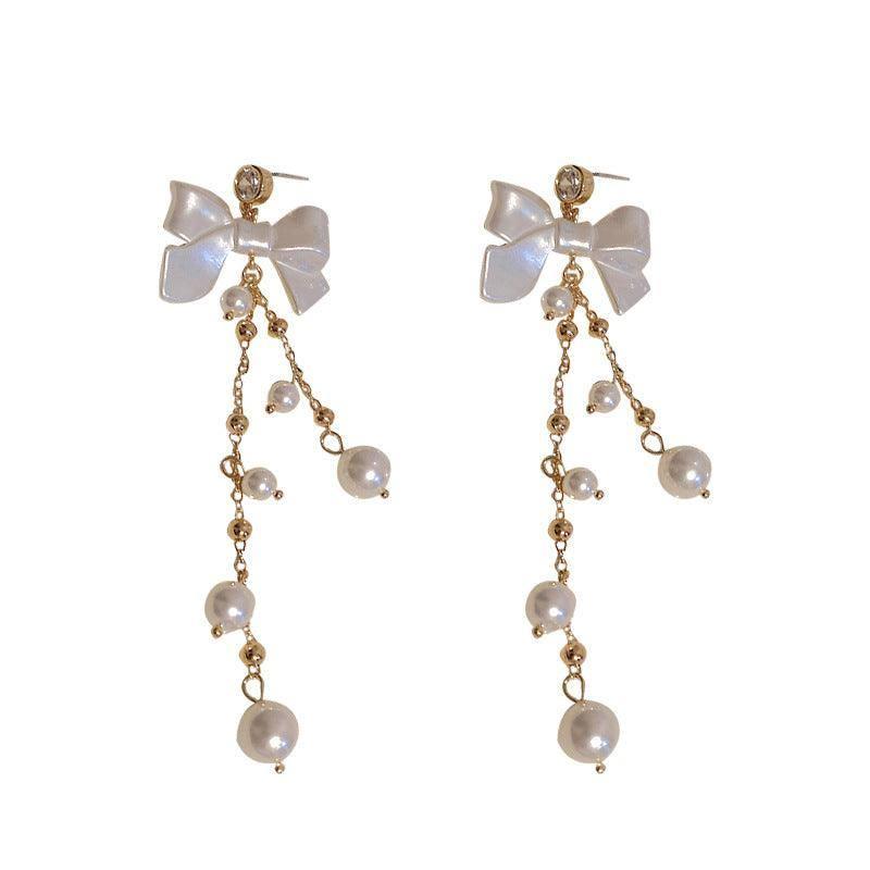Zircon Pearl Bowknot Tassel Earrings Super Fairy Lady-Silver needle gold-2