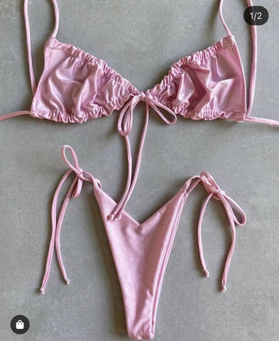 Solid color split bikini swimsuit-Pink-2