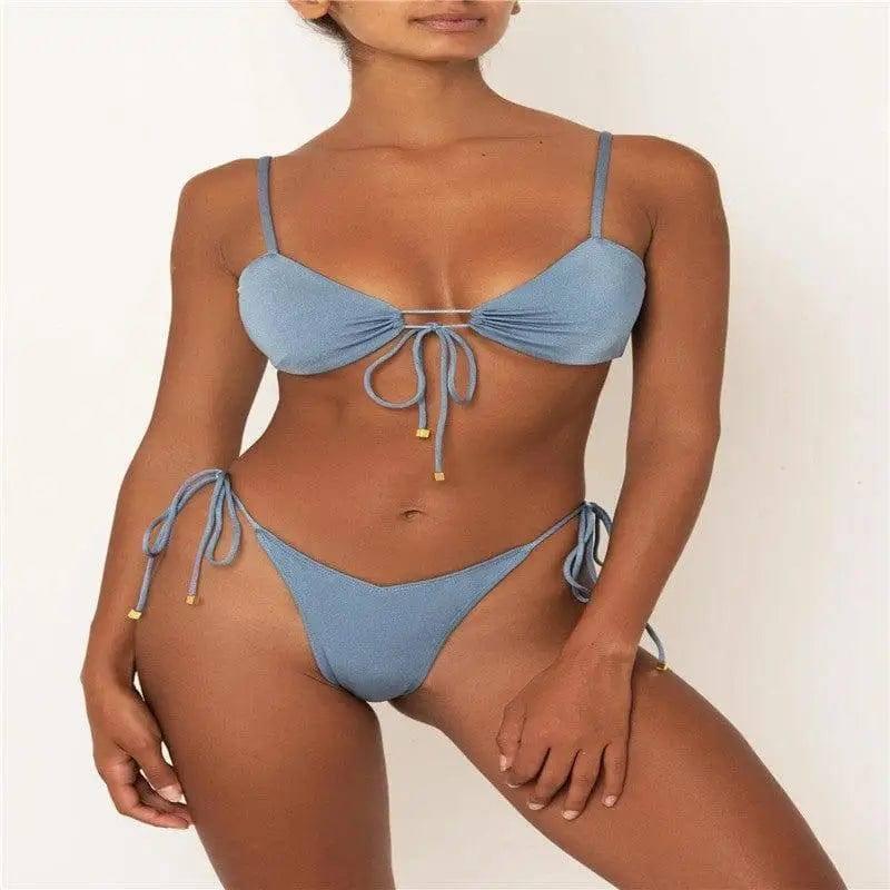 Split bikini with solid color strap-Grey-2
