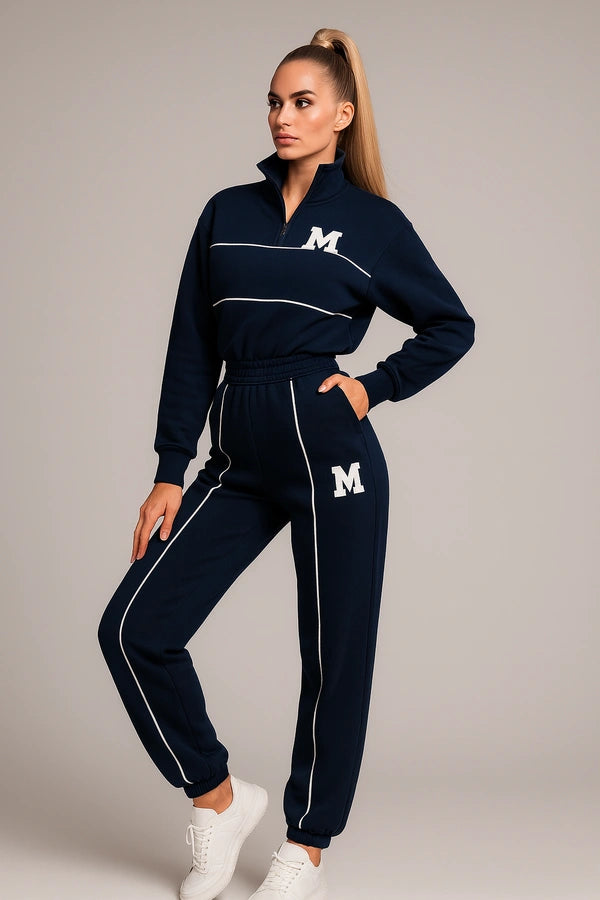 Navy blue tracksuit with white piping and M logo – sporty casual women’s loungewear set