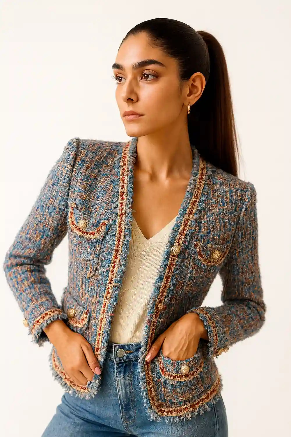 Women's Multicolor Tweed Jacket with Pearl Buttons – Elegant Cropped Blazer