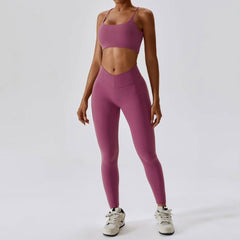 Women Yoga Clothing Sets Athletic Wear High Waist Leggings-Crimson Purple -2-1
